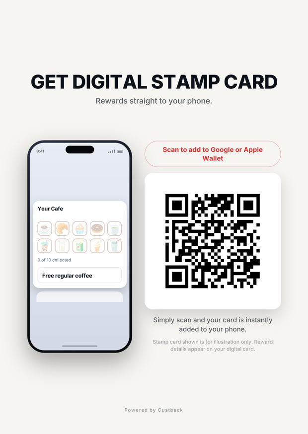 A printed counter sheet with the shop's QR code on it.
