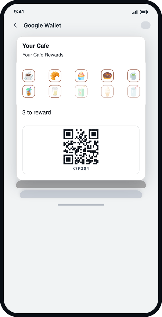 A caf&eacute; loyalty card open in Google Wallet, three stamps from its reward.